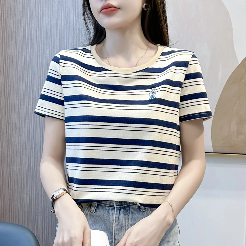 2025夏季撞色条纹圆领正肩短袖T恤女宽松显瘦刺绣洋气减龄上衣女