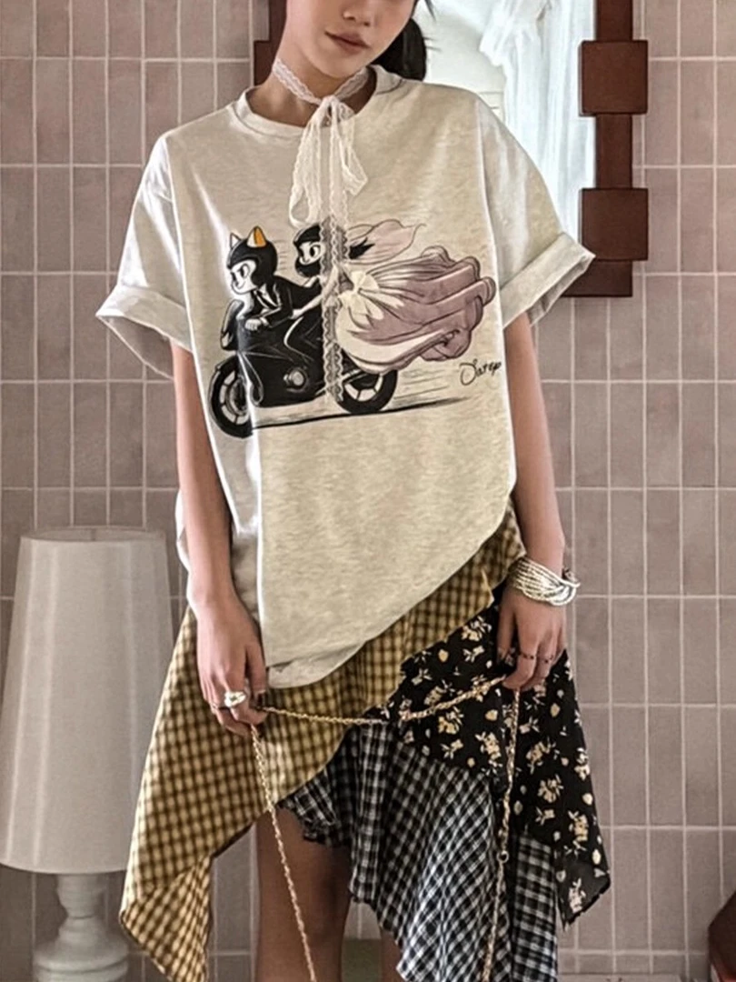 甜美可爱风格衣服韩版宽松百搭洋气减龄卡通印花圆领短袖T恤女夏