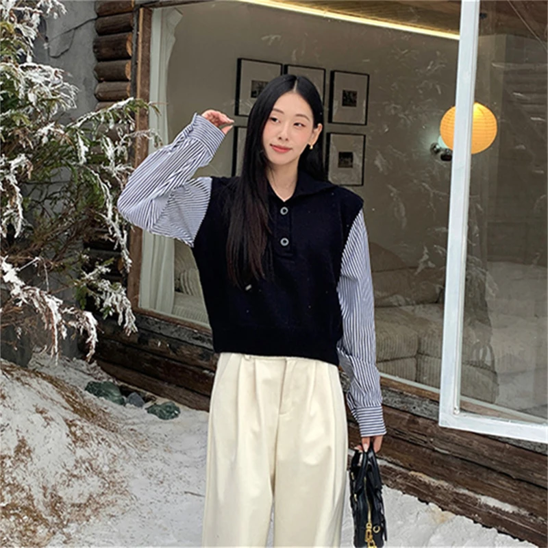 假两件春季韩系条纹针织衫2025设计感百搭女装休闲风宽松流行上衣