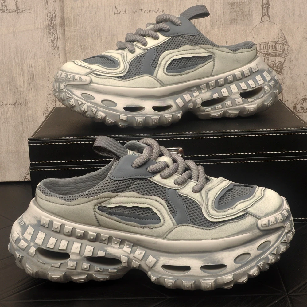 男鞋子夏季外穿半拖休闲鞋潮牌厚底包头拖鞋复古做旧透气爆款潮鞋