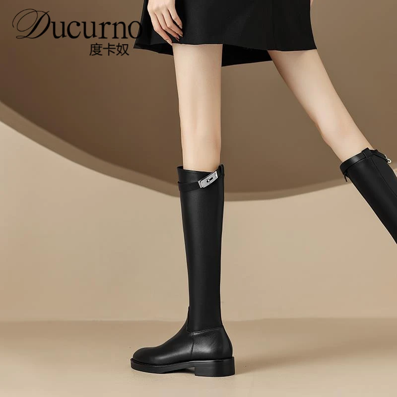度卡奴巨显腿长~真皮圆头高筒瘦瘦靴女覆古风粗中跟长筒靴骑士靴