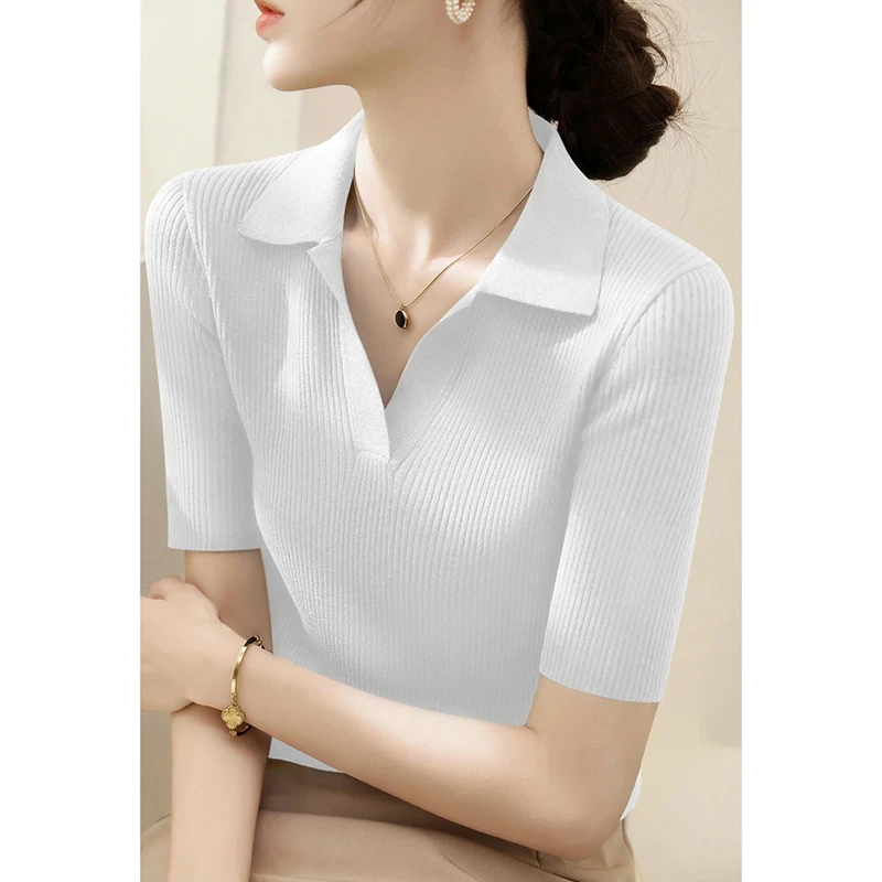 设计感纯色v领短袖针织衫2025春夏新款百搭舒适通勤气质上衣女款