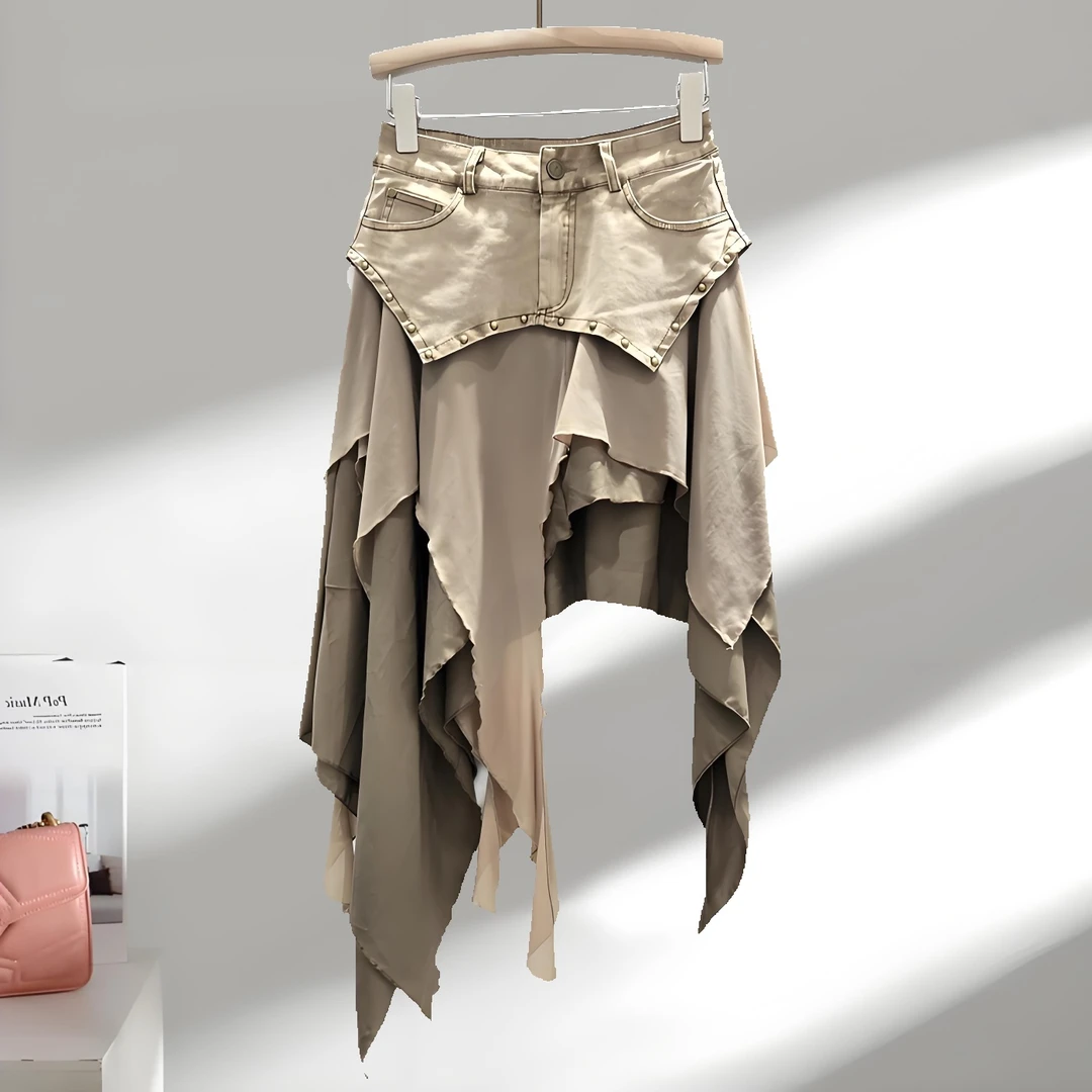 “飘落的本质”废土风拼接荷叶边网纱弹力铆钉设计不规则半身裙