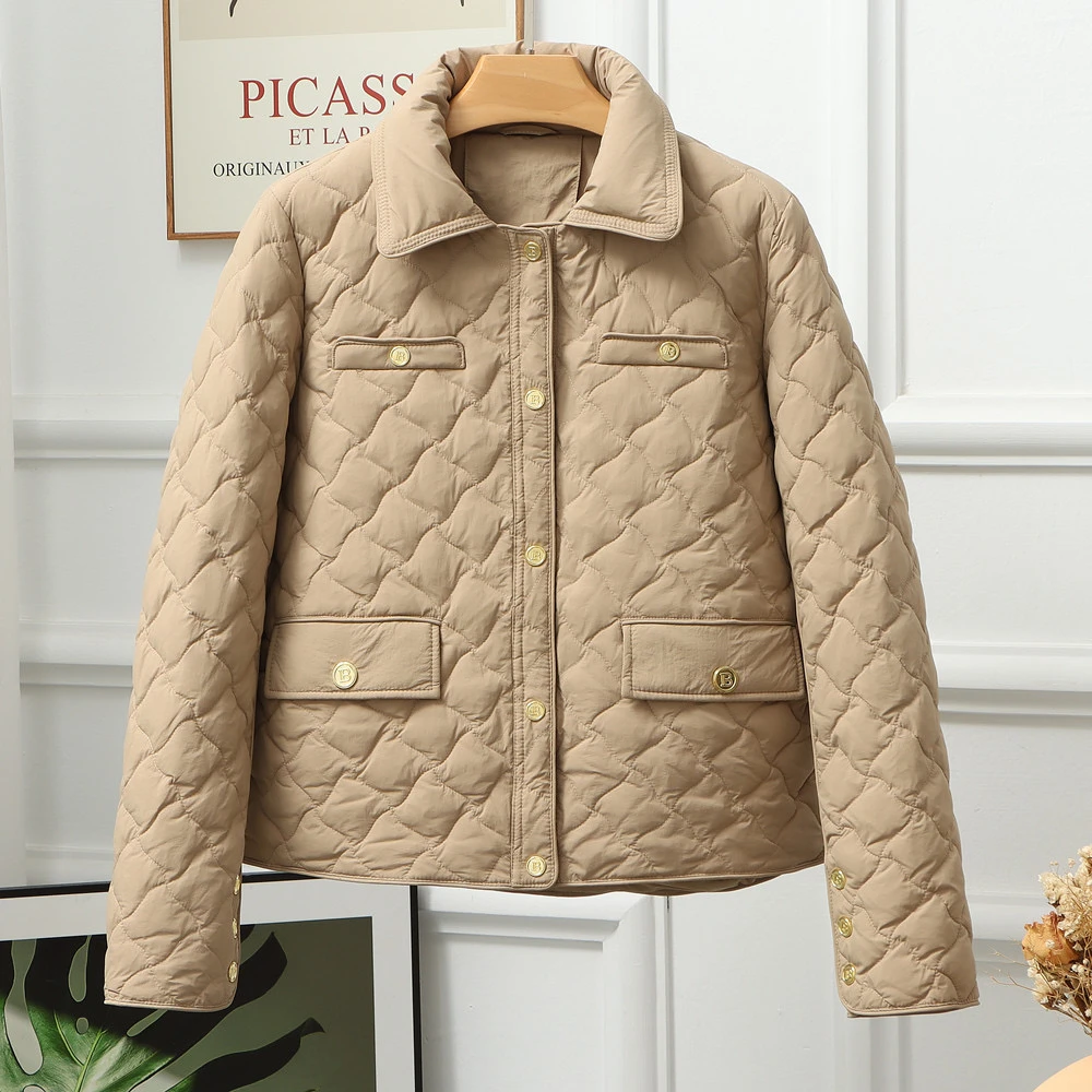 新款小香风菱形格羽绒服白鸭绒外套时尚百搭