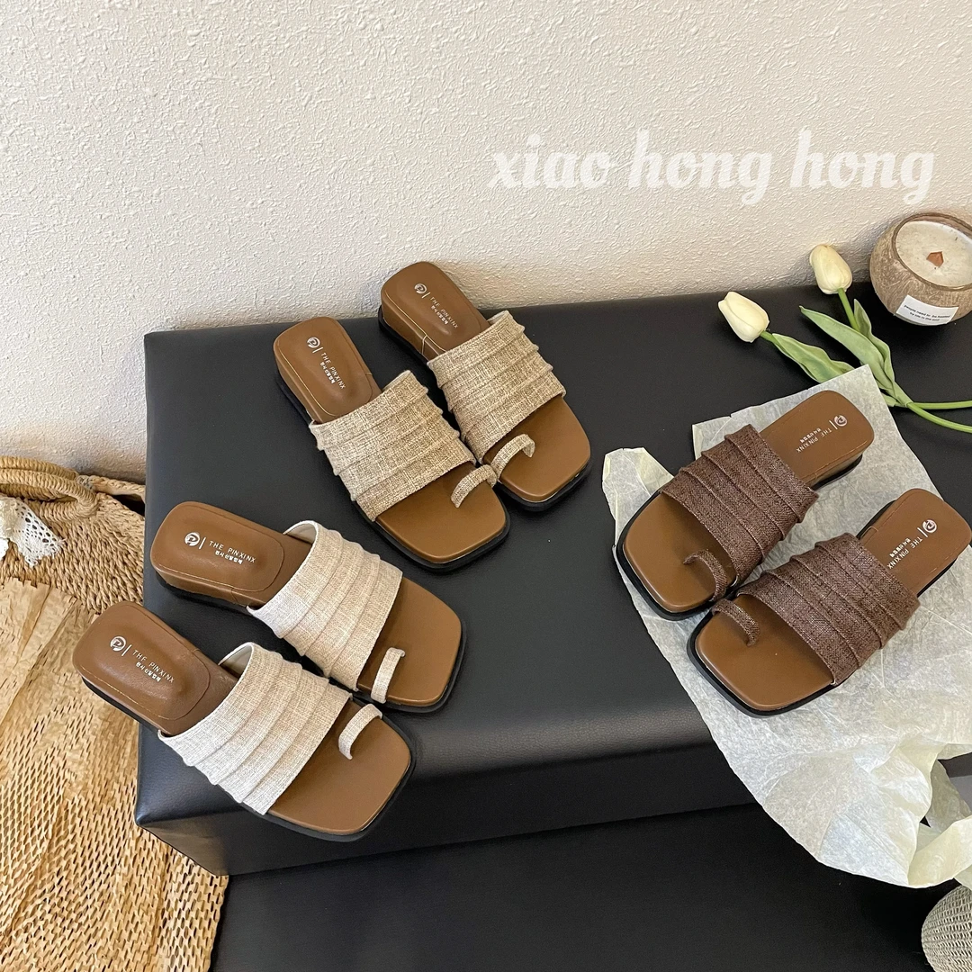 【松松】夏款新品韩版方头套趾一字带波西米亚棉麻感度假风沙滩