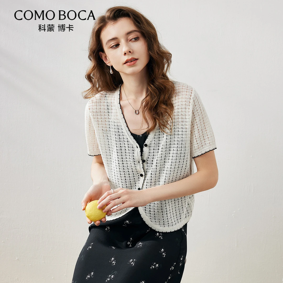 COMOBOCA/科蒙·博卡春夏V领针织开衫撞色短袖鱼鳞挑孔外套KST1059