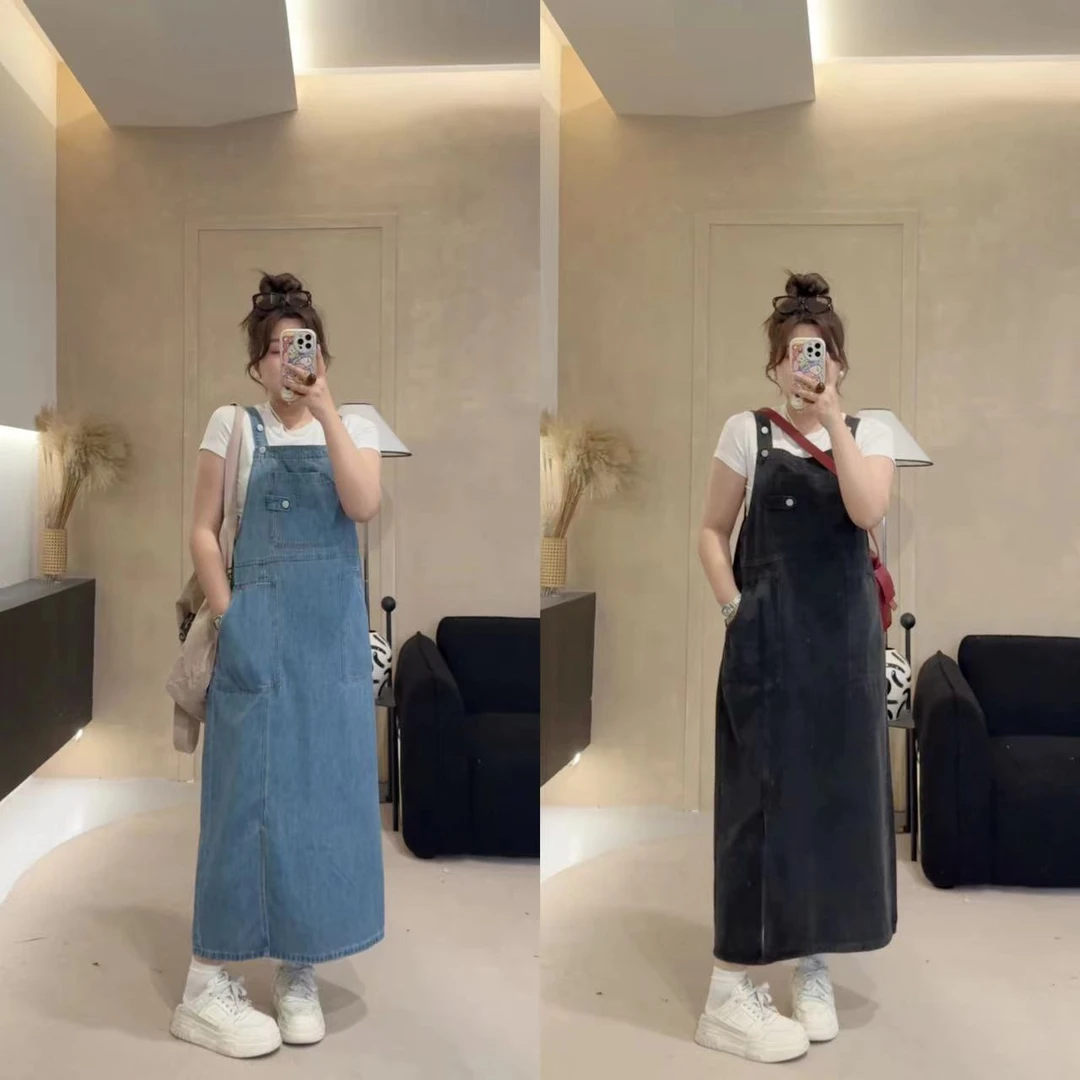 晶咕佳佳大口袋休闲直筒背带牛仔裙