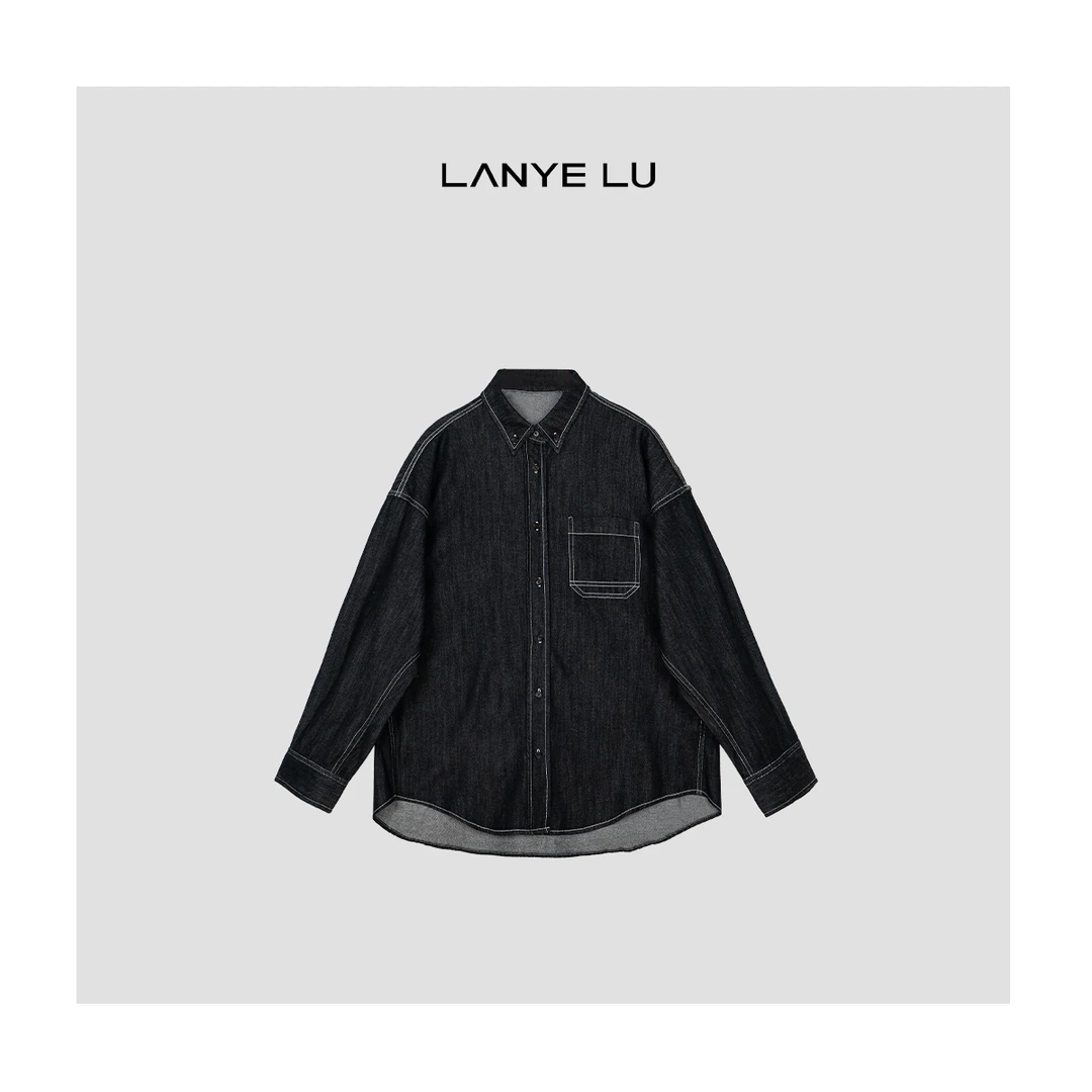 【LANYE LU】春款上新 极简港风时尚百搭水洗长袖牛仔衬衫衬衣