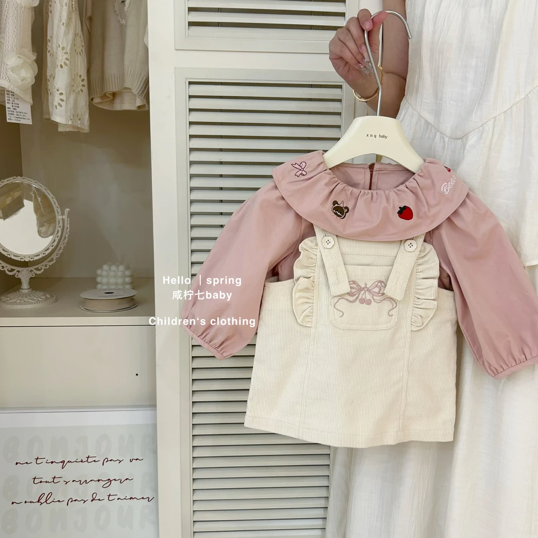 咸柠七女童套装2025新款女宝宝花边长袖上衣背带裙洋气两件套