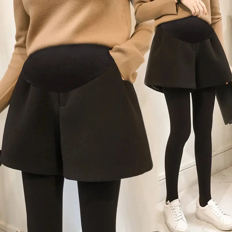 孕妇毛呢春秋新款简约时尚宽松潮妈阔腿孕妇托腹短裤靴裤冬天加厚