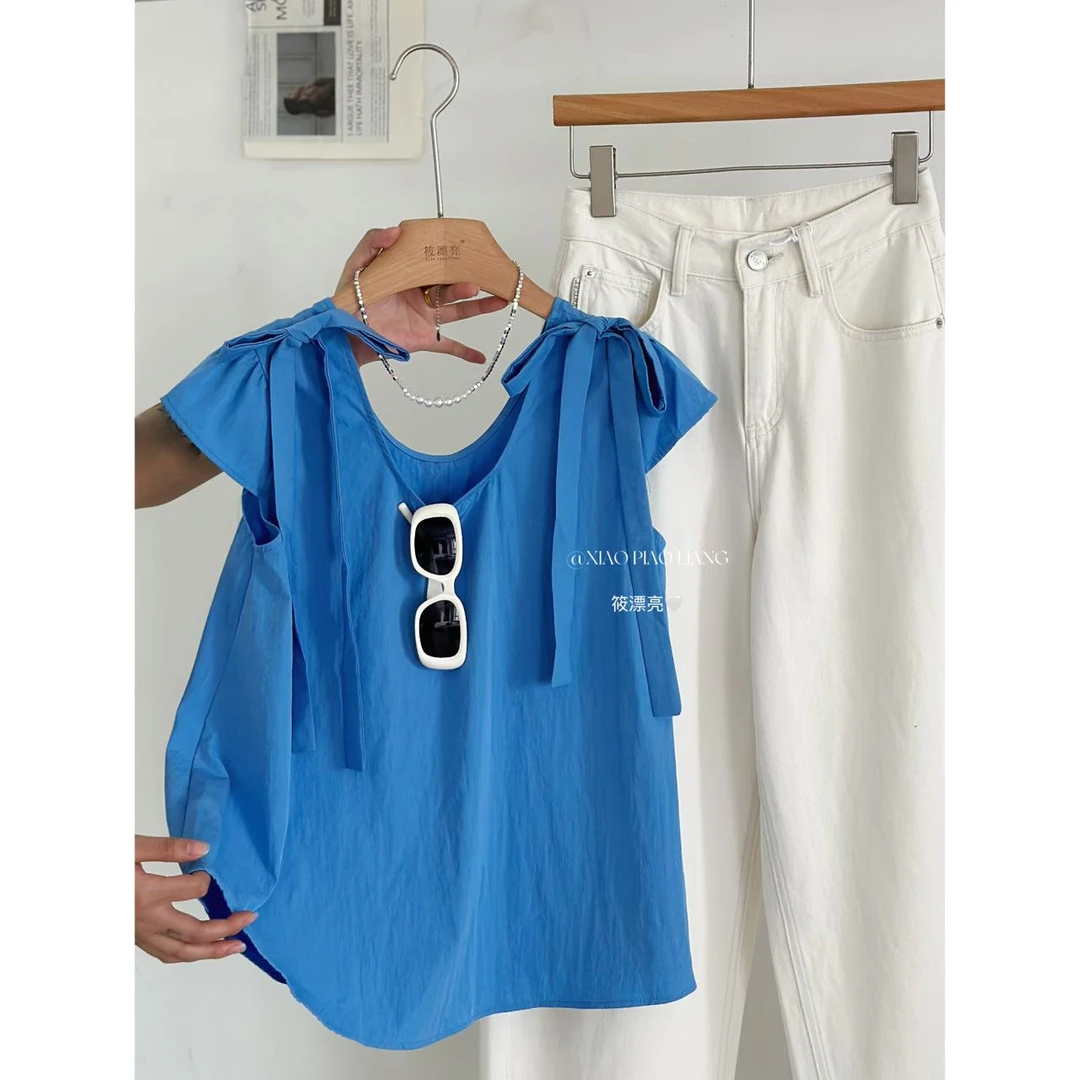 夏季减龄蝴蝶结系带纽扣设计感U领飞飞袖纯色短袖上衣女28600.15#