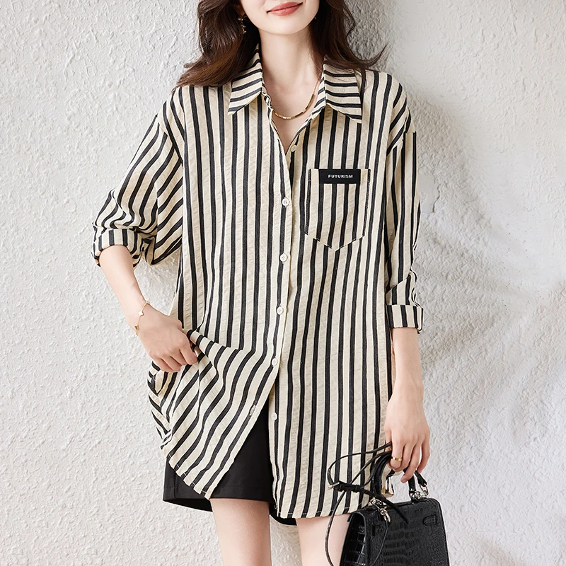 【女神新衣】2025秋季新款大码时尚条纹显瘦遮肉宽松百搭上衣中长款