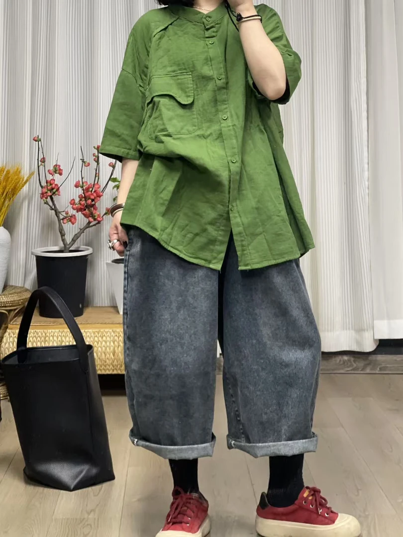 【若汐女装】欧韩版宽松大版休闲百搭设计款文艺纯色双纱棉衬衫8007