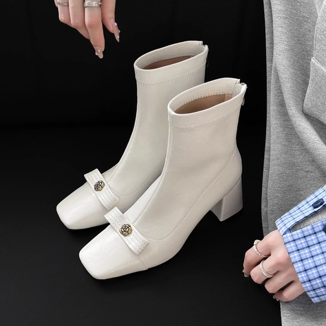 巨好看！山茶花蝴蝶结软皮弹力瘦瘦靴裸靴方头粗跟高跟短靴时装靴