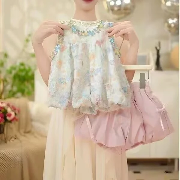 【FF】2025夏季女童原创设计粉色甜美纯棉套装薄款两件套