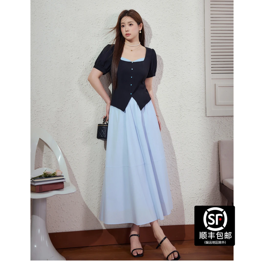 蓝语大码女装优雅拼接短袖上衣莫代尔半身裙夏季显瘦两件套02440