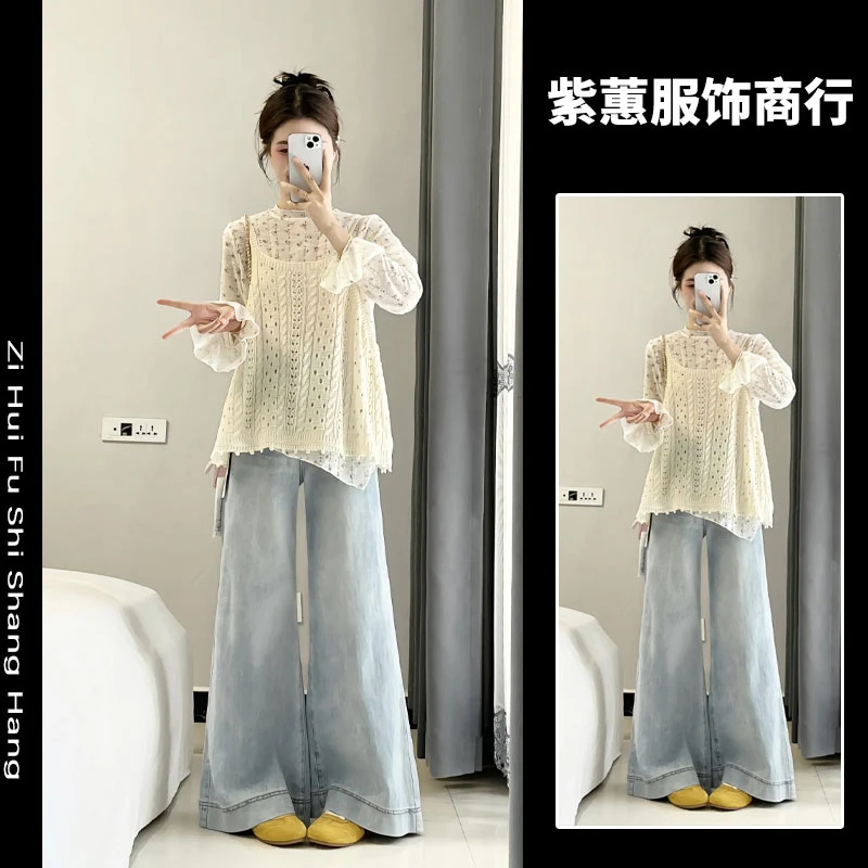 小众设计感文艺复古一整套女2025新款超火甜美上衣镂空马甲阔腿裤
