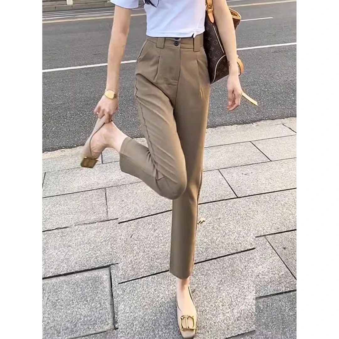 拉夏贝尔卡其色烟管裤女春秋高腰直筒休闲裤子2025新款西装哈伦裤