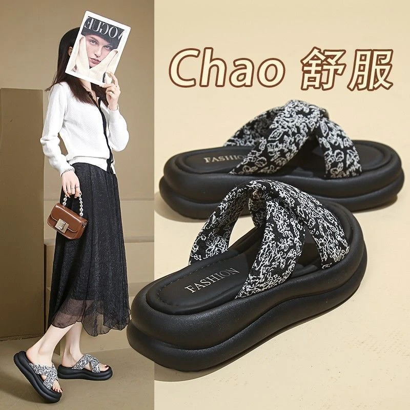 防滑条纹一字拖新中式国风凉拖鞋坡跟厚底夏季ins外穿凉拖鞋百搭