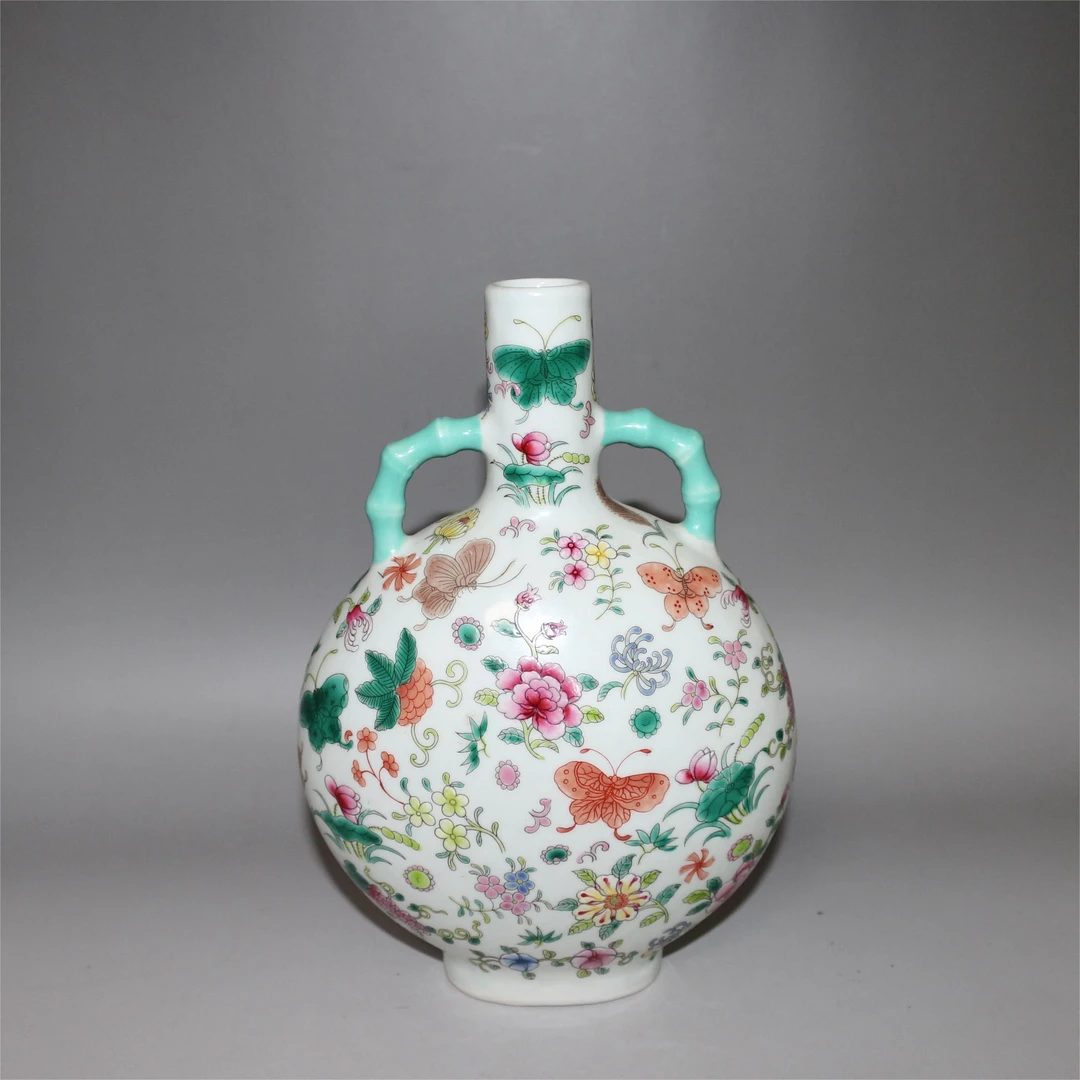 粉彩花卉蝴蝶纹双系扁瓶全品#8#