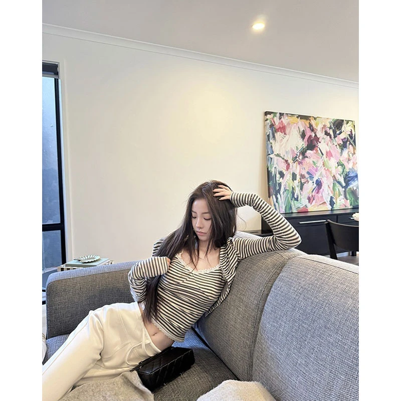 韩系少女风休闲百搭条纹上衣两件套高腰修身直筒裤包臀半身裙套装