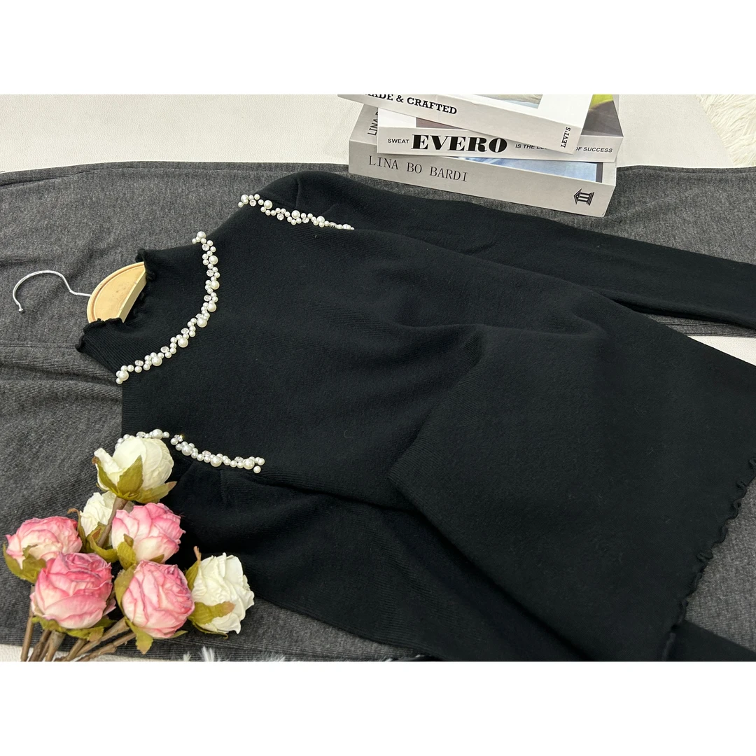 【半高领钉珠黑】百搭气质款针织长袖上衣QC1438