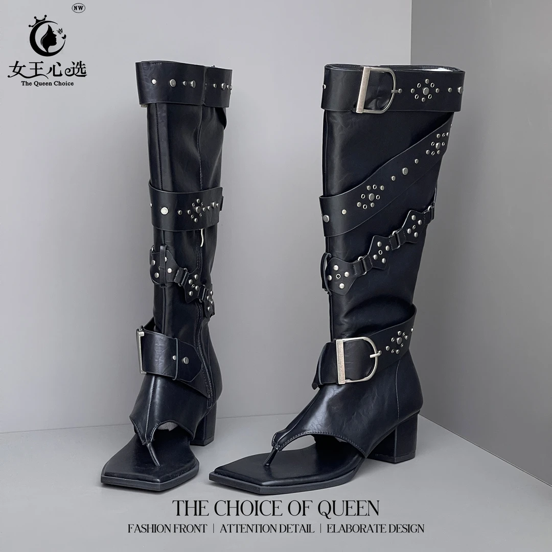 【笑姐定制】X52 小众铆钉不过膝夹趾凉鞋靴子