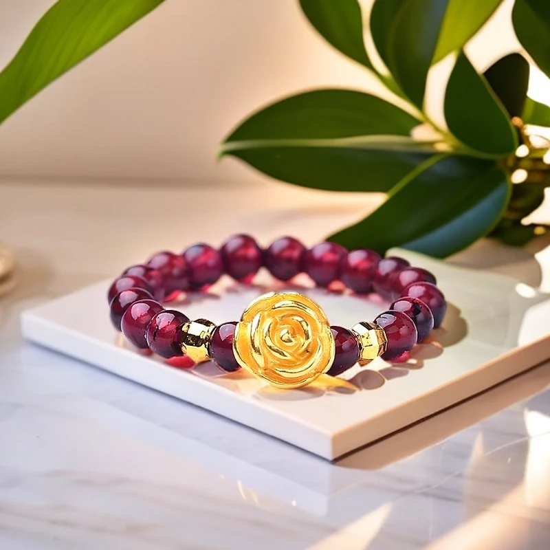 【黄金补贴】足金玫瑰花搭配天然石榴石女士戒指（证书、礼盒）