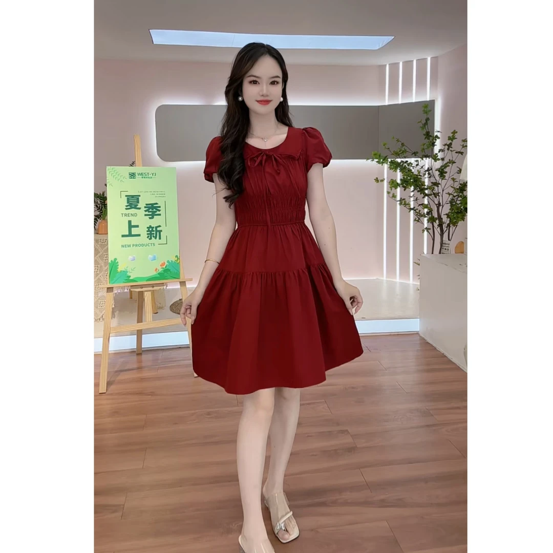 West· 小个子2025新款夏季收腰遮肉显瘦气质泡泡袖连衣裙