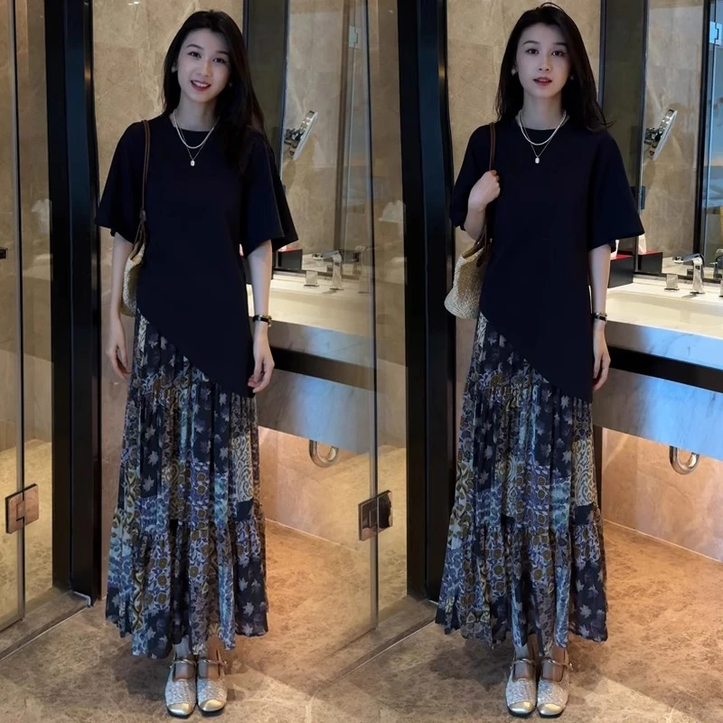 时尚休闲套装裙女2025夏季新款减龄不规则上衣印花半身裙两件套潮