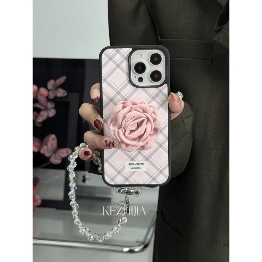 【壳之】高级粉菱格+玫瑰花支架适用苹果16/15/14/13Promax女手机壳