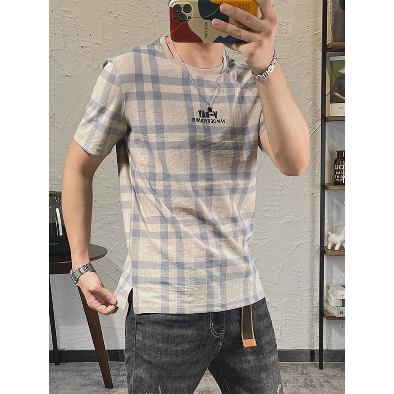 纯棉格子短袖男夏季新款字母图案刺绣青年潮流T恤圆领休闲衣服男