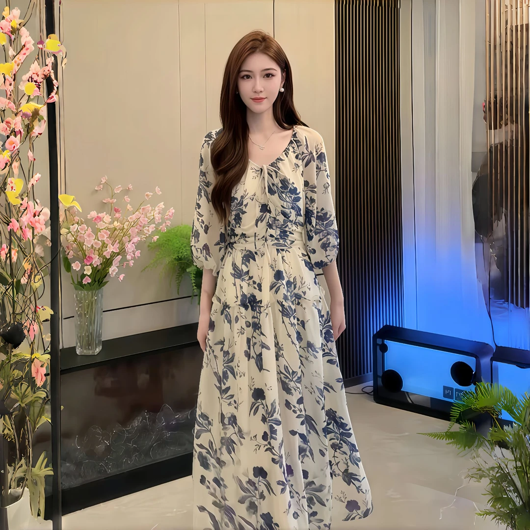 性感纯欲V领系带七分袖印花连衣裙女夏季新款收腰显瘦高级感A字裙