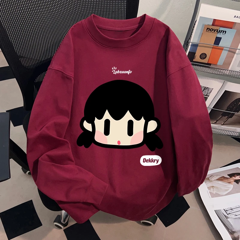 Dekkry潮牌创意呆萌小女孩印花秋冬纯棉长袖t恤宽松男女情侣上衣