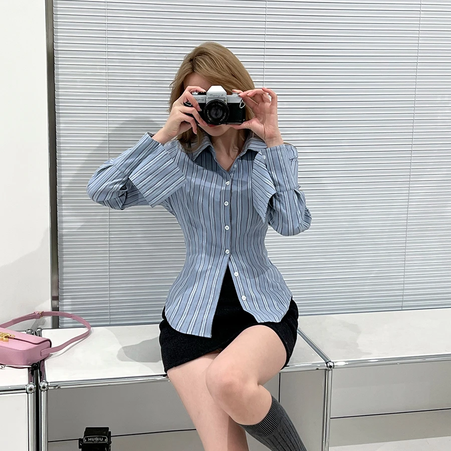 CHICHEN/晨妍-《高阶学姐》肌理感重工纯欲气质衬衣长袖条纹衬衫