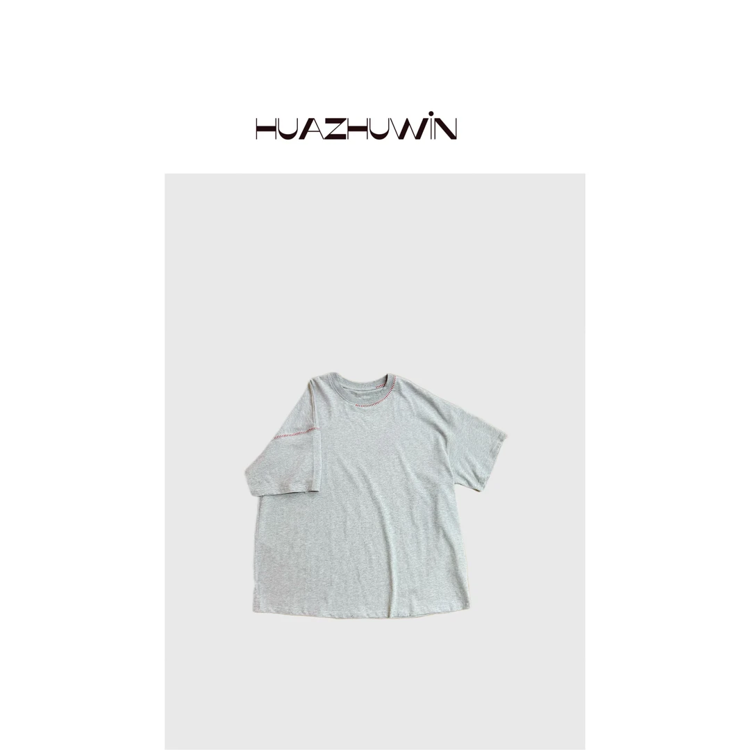 HZ-设计款手工红线作破灰色短袖T