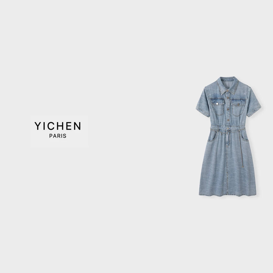 YC 经典珍珠链条图案翻领双口袋中长款牛仔连衣裙-1994