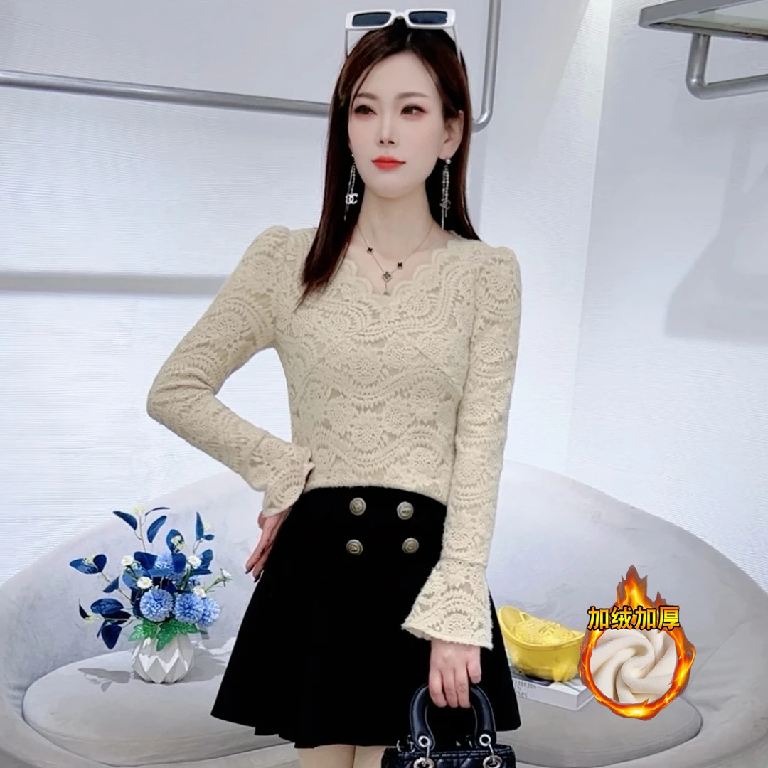 轻熟风V领蕾丝衫女2025秋冬新款洋气加绒加厚上衣显瘦百搭打底衫
