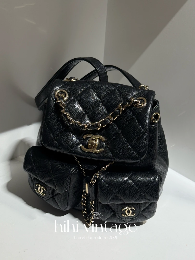 99新 Chanel/香奈儿  黑金荔枝纹牛皮金链小号Duma双肩包