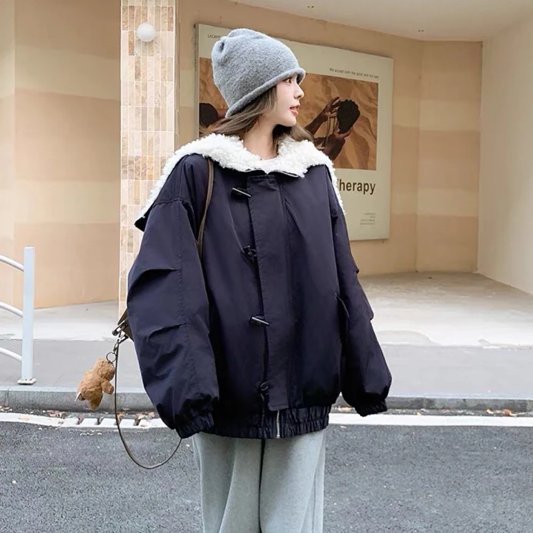 秋冬季纯色连帽棉服外套保暖拉链ins女加绒牛角扣韩版百搭