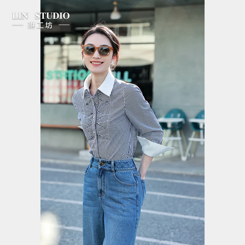 【棉 领子可拆】琳工坊“云湖”藏蓝条纹衬衫气质通勤职场唐琳设计师
