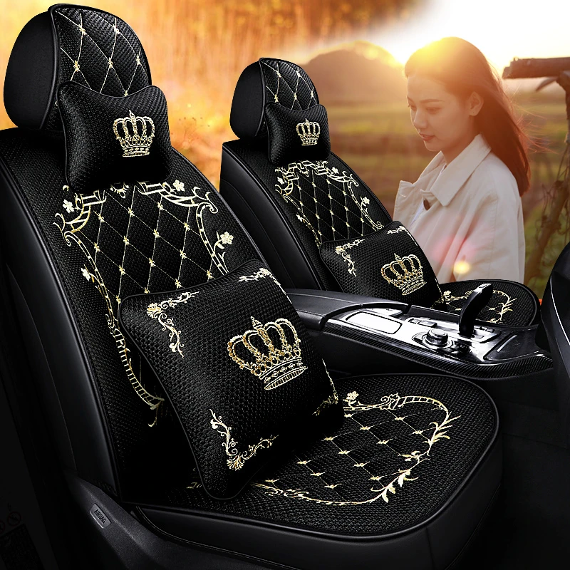 卡通汽车座套全皮四季通用皇冠刺绣皮革的可爱车垫女士全包坐垫