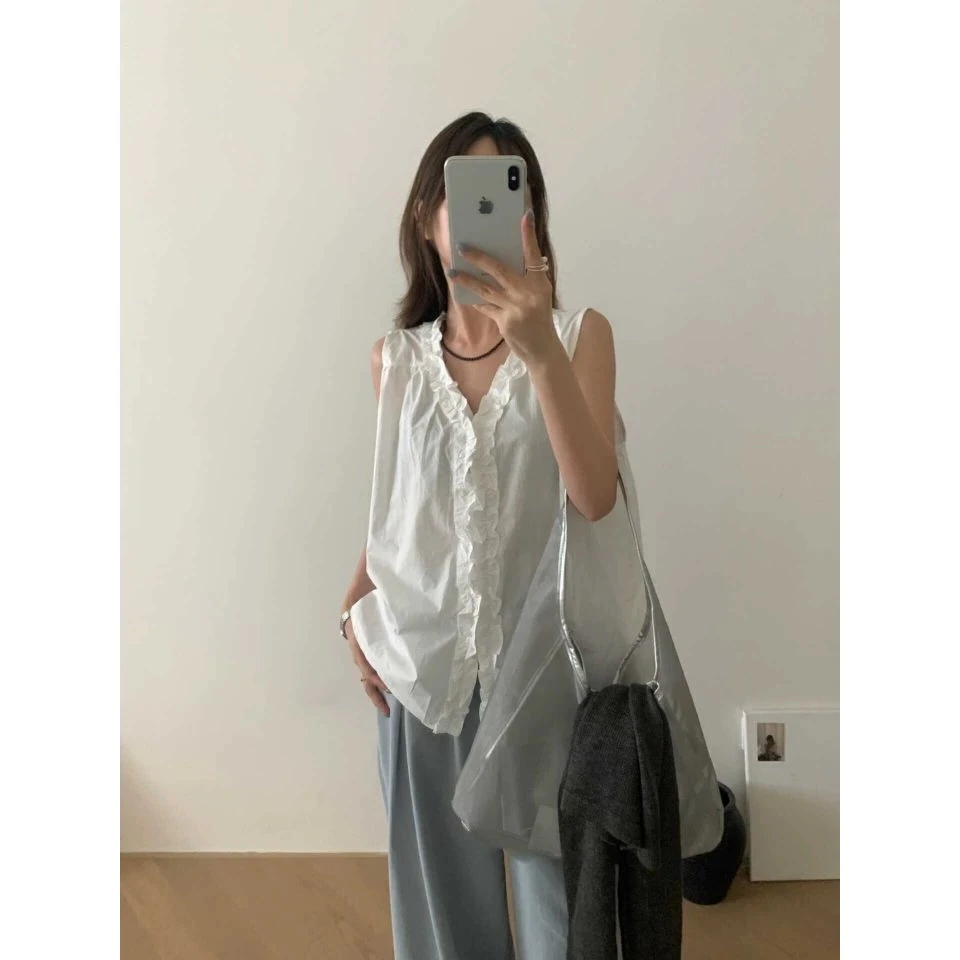 [按编号拍]新款无袖衬衫背心法式高级感木耳花边背心上衣女