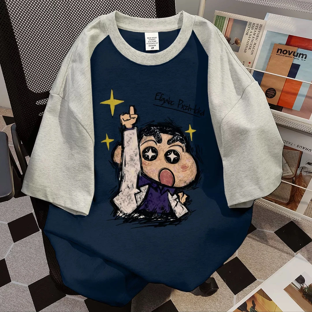 潮流情侣T恤夏季纯棉短袖女圆领插肩袖上衣慵懒风卡通美式ins宽松