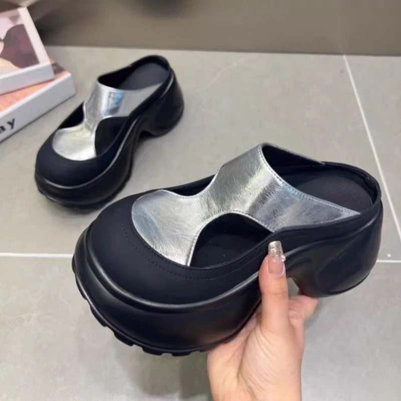 2025夏季新款撤柜断码大头厚底增高魔术贴后空跟包头半拖鞋女