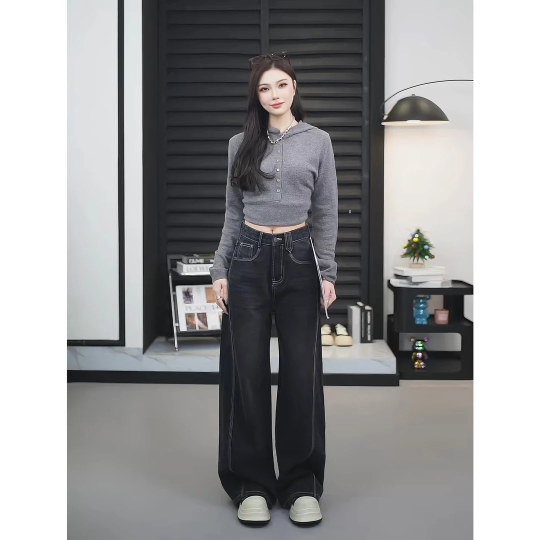 【TO&HR.GIRL】HE1809Q-炭黑色夏季牛仔裤中高腰阔腿直筒拖地裤女装
