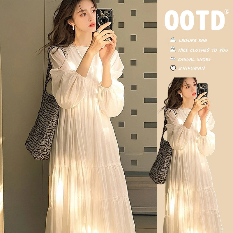 法式白色灯笼袖连衣裙女春季2025新款海边度假风独特绝美气质长裙