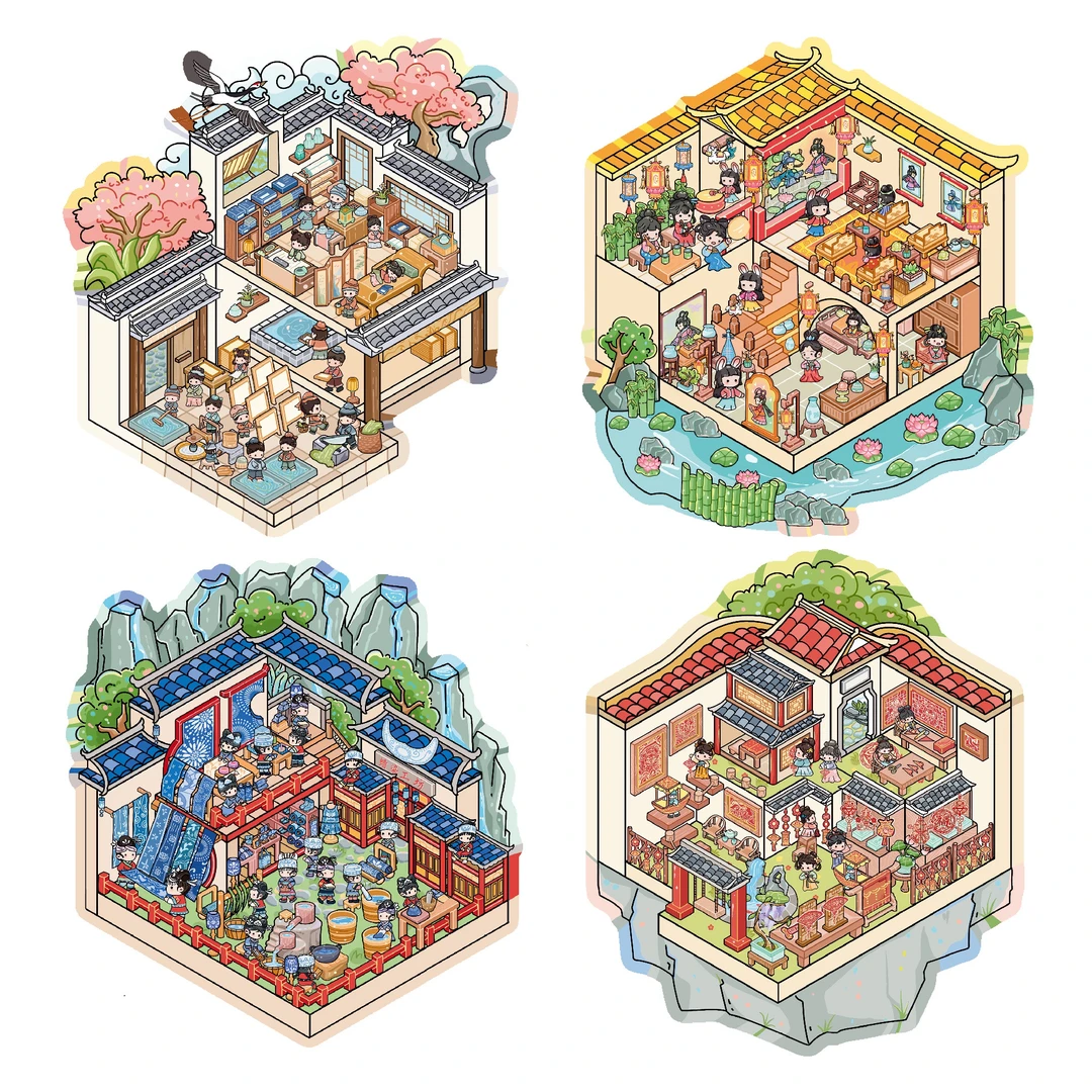 新异文化3.0造景贴纸古风四款diy拼贴贴纸小屋贴纸