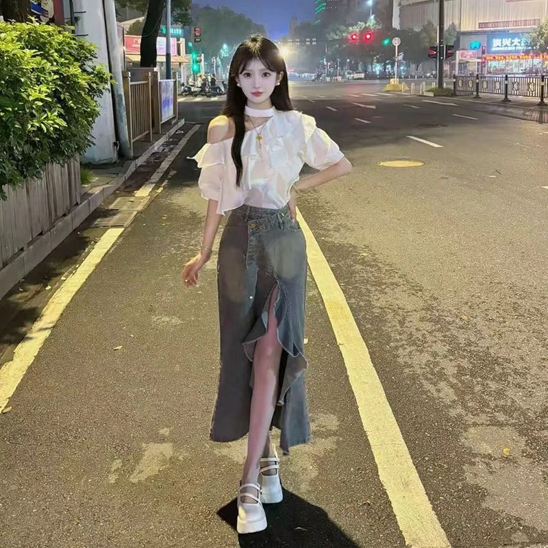 高腰荷叶边牛仔半身裙女春秋季新款韩版显瘦不规则开叉中长款裙