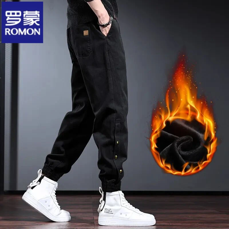 罗蒙工装裤子男潮牌宽松束脚休闲裤松紧腰冬季加绒加厚裤子男百搭